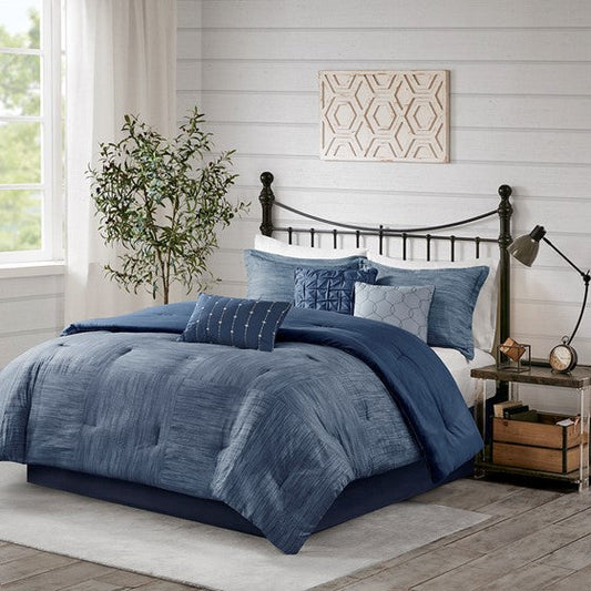 7 Piece Printed Seersucker Comforter Set Navy King Olliix.com