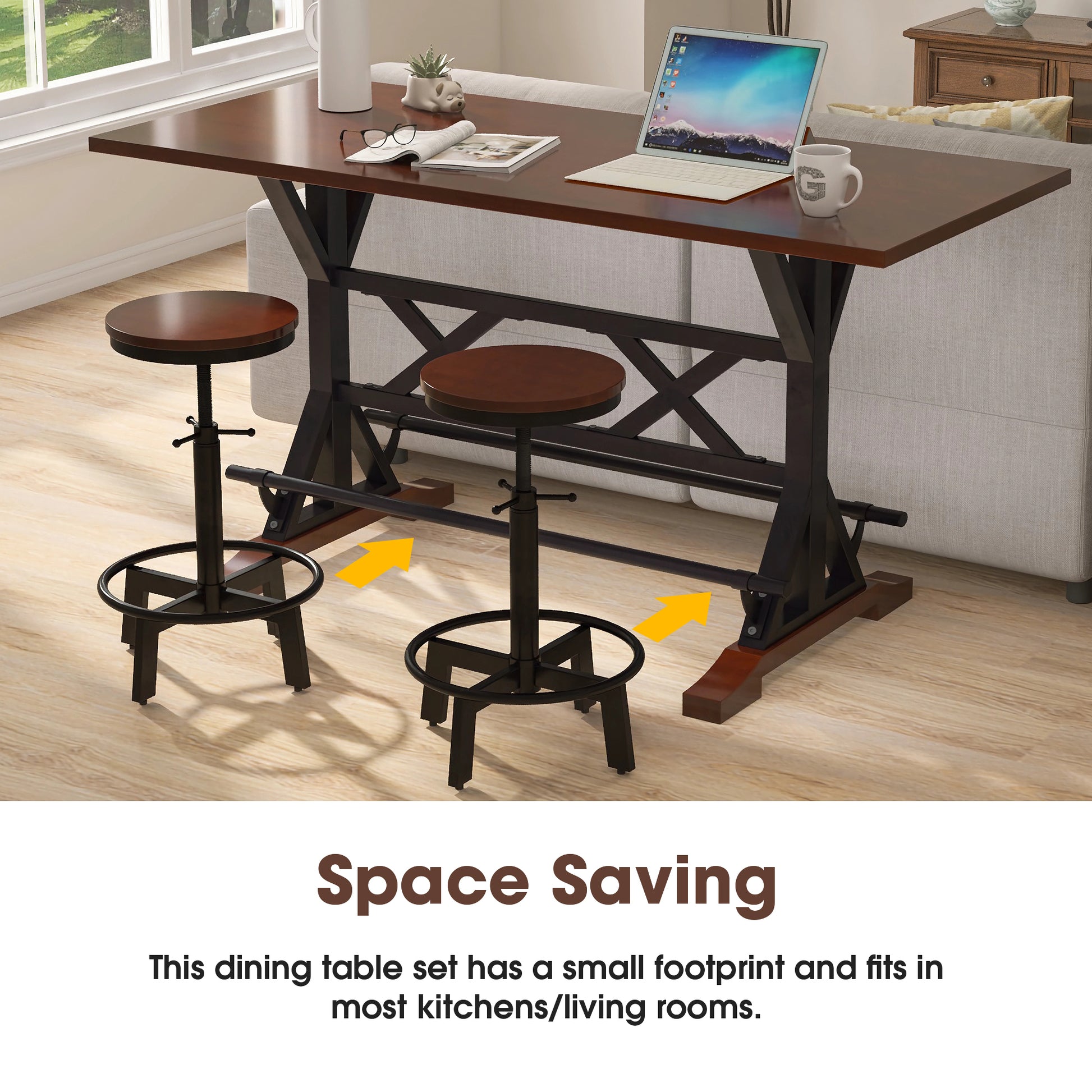 3-Piece Dining Table Set, 59" Wooden Sofa Side Table with Stabilizing Base, Rustic Brown Industrial Adjustable Height Stools, Modern Bar Table and Chairs for Living Room, Dining Room, and Space Saving House to Home Furnishings LLC