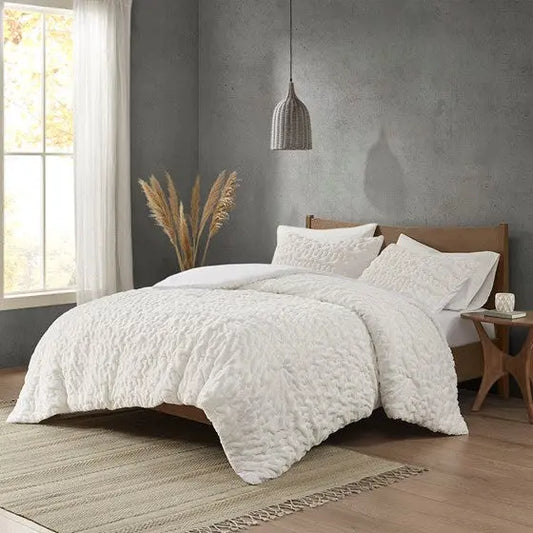 Ruched Fur Down Alternative Comforter Set Ivory Full/Queen Olliix.com