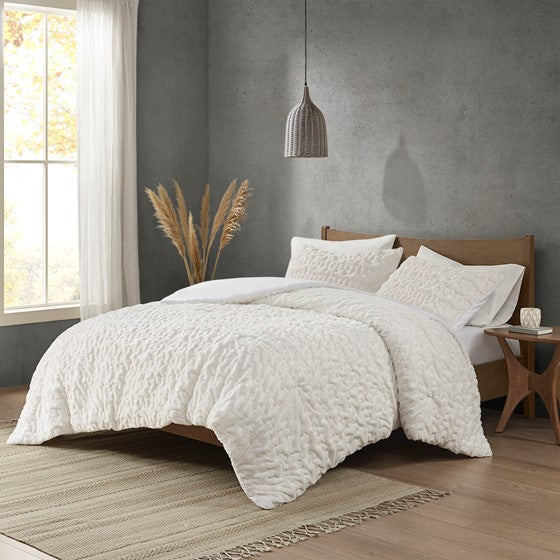 Ruched Fur Down Alternative Comforter Set Ivory Cal King Olliix.com