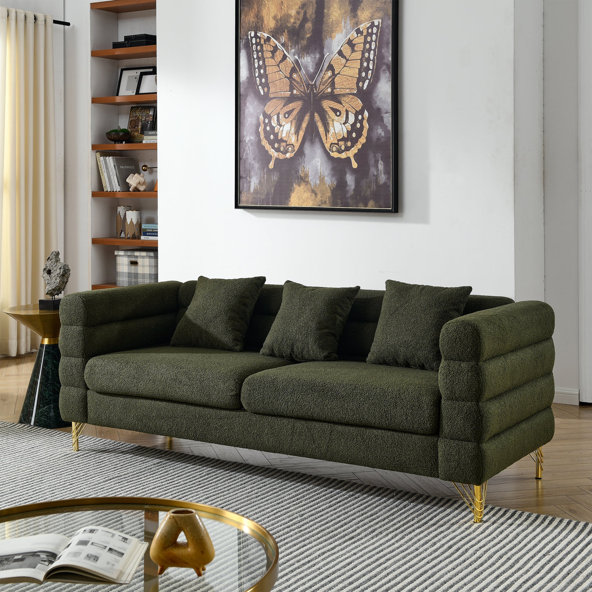 81Inch Oversized 3 Seater Sectional Sofa, Living Room Comfort Fabric Sectional Sofa - Deep Seating Sectional Sofa, Soft Sitting with 3 Pillows for Living Room, Bedroom, Office Green teddy (W834S00033) House to Home Furnishings LLC