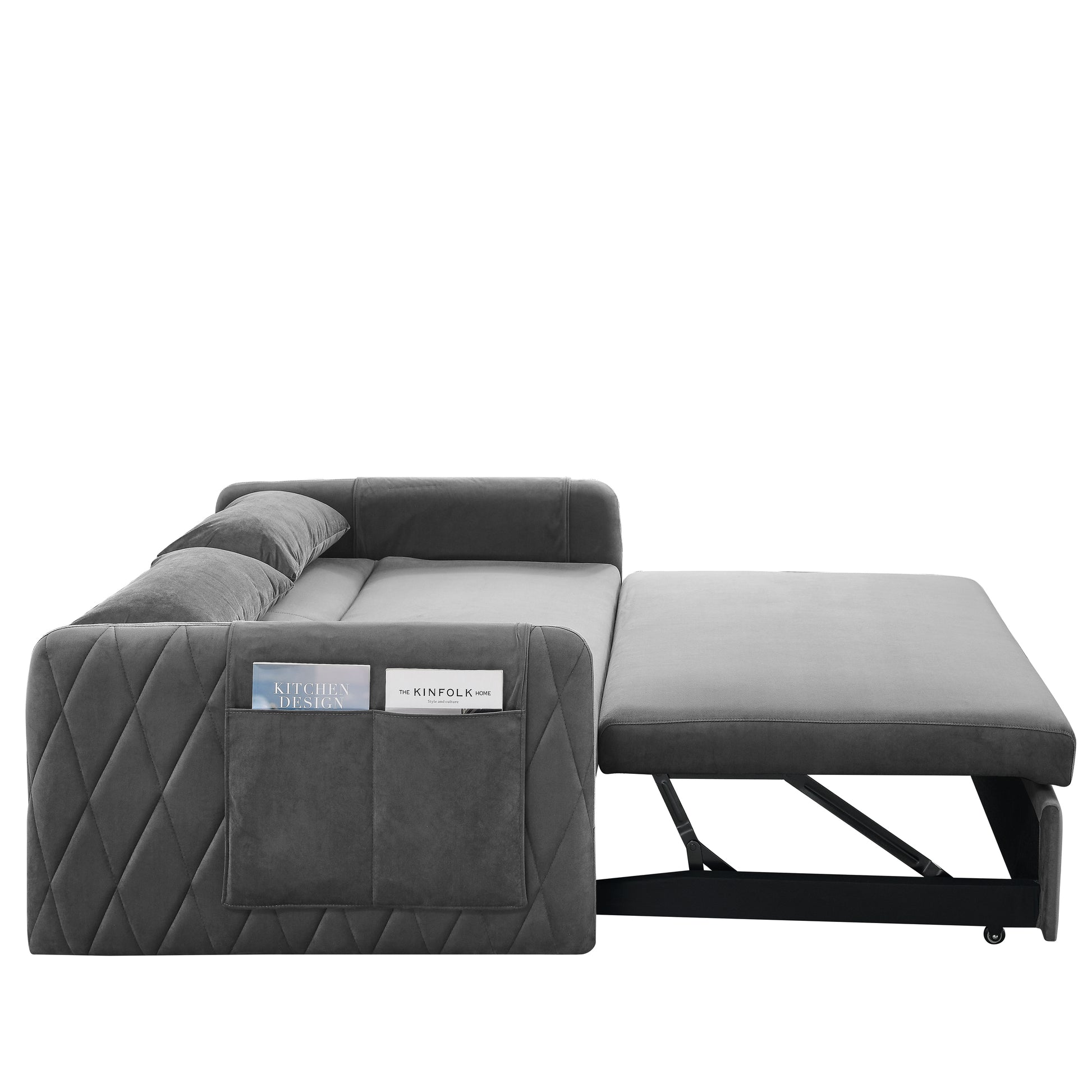 55" Modern Convertible Sofa Bed with 2 Detachable Arm Pockets, Velvet Loveseat Sofa with Pull Out Bed, 2 Pillows and Living Room Adjustable Backrest, Grid Design Armrests House to Home Furnishings LLC