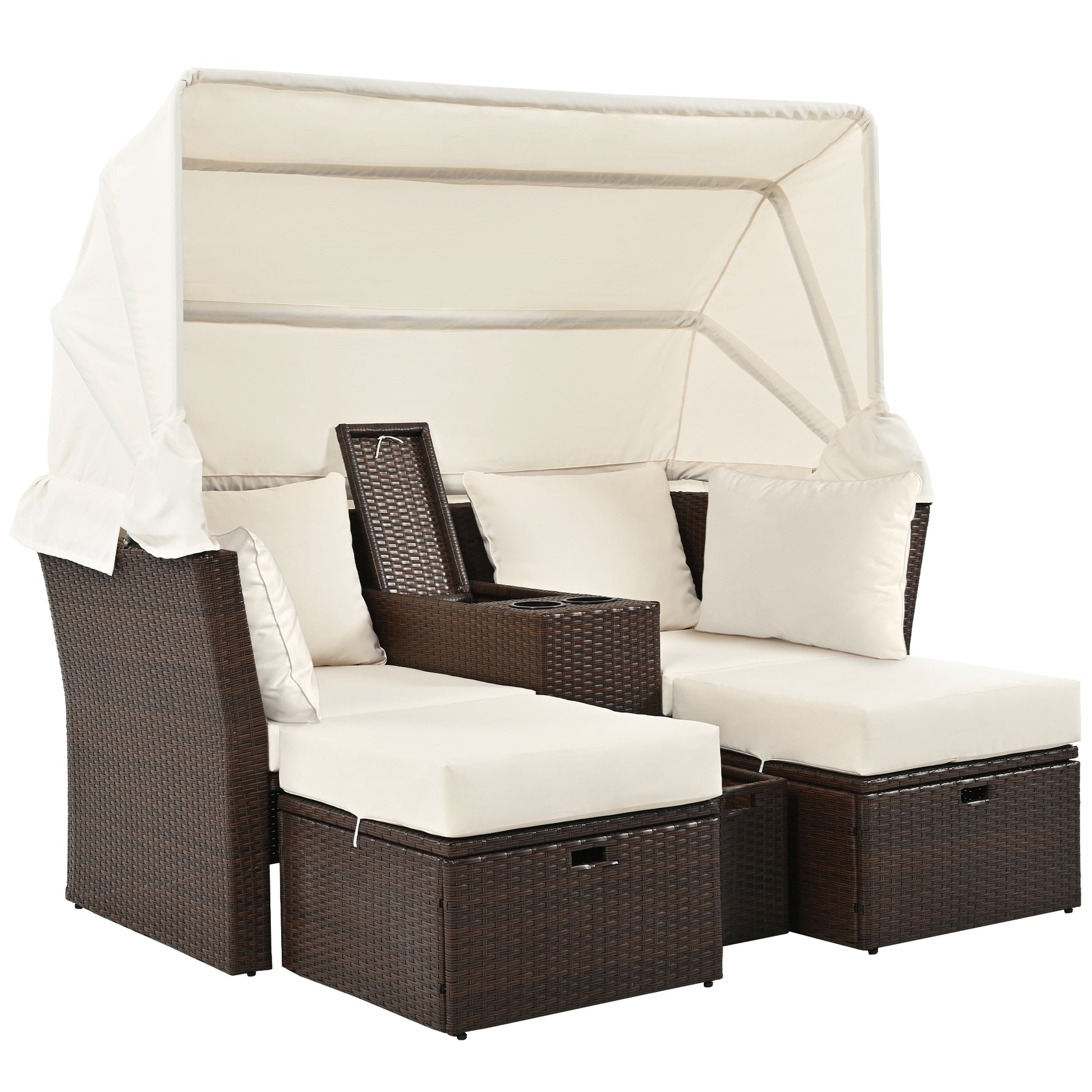 2-Seater Outdoor Patio Daybed Outdoor Double Daybed Outdoor Loveseat Sofa Set with Foldable Awning and Cushions for Garden, Balcony, Poolside, Beige ***(FREE SHIPPING)*** House to Home Furnishings LLC