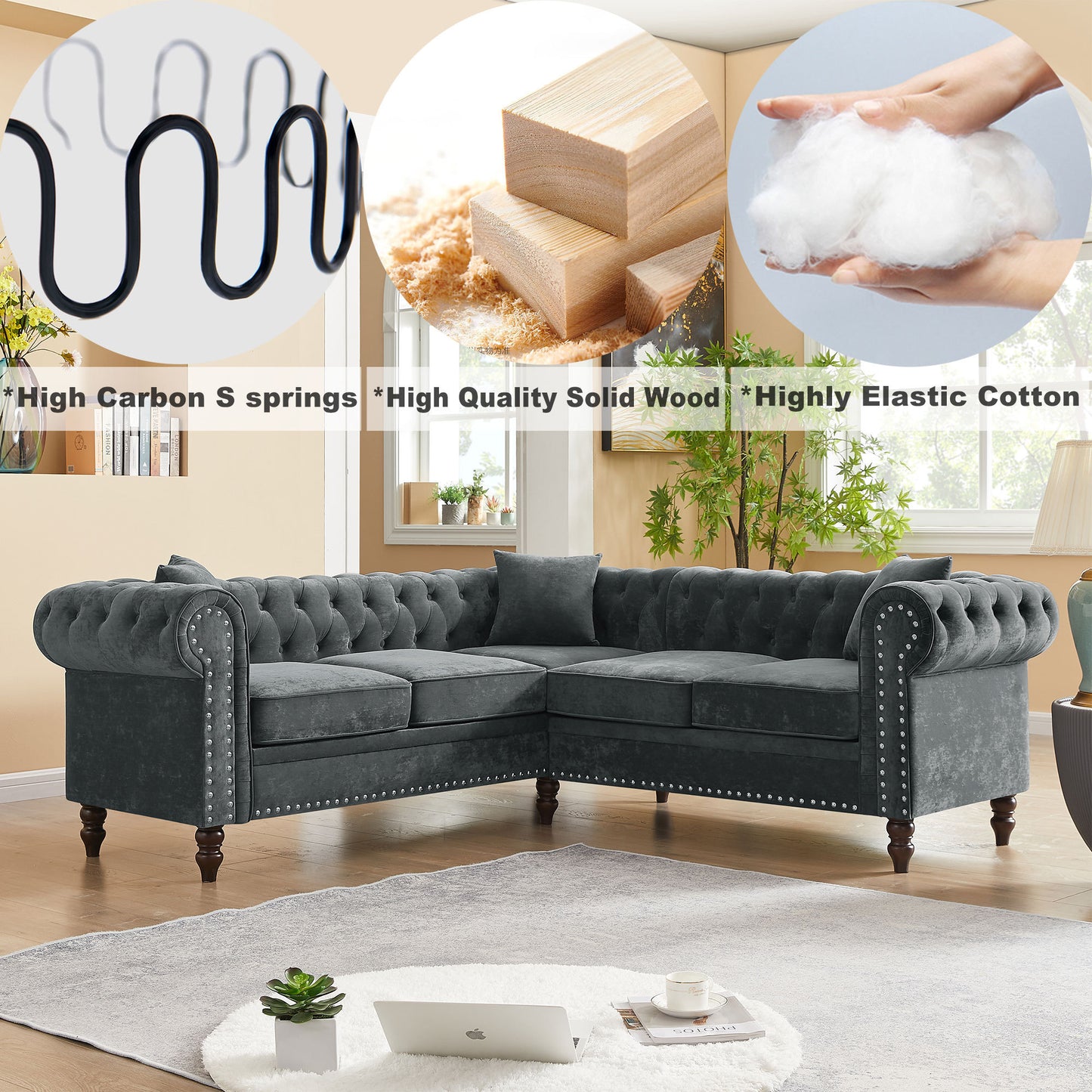 MH 80" Deep Button Tufted Upholstered Roll Arm Luxury Classic Chesterfield L-shaped Sofa 3 Pillows Included, Solid Wood Gourd Legs, Grey velvet ***(FREE SHIPPING)*** House to Home Furnishings LLC