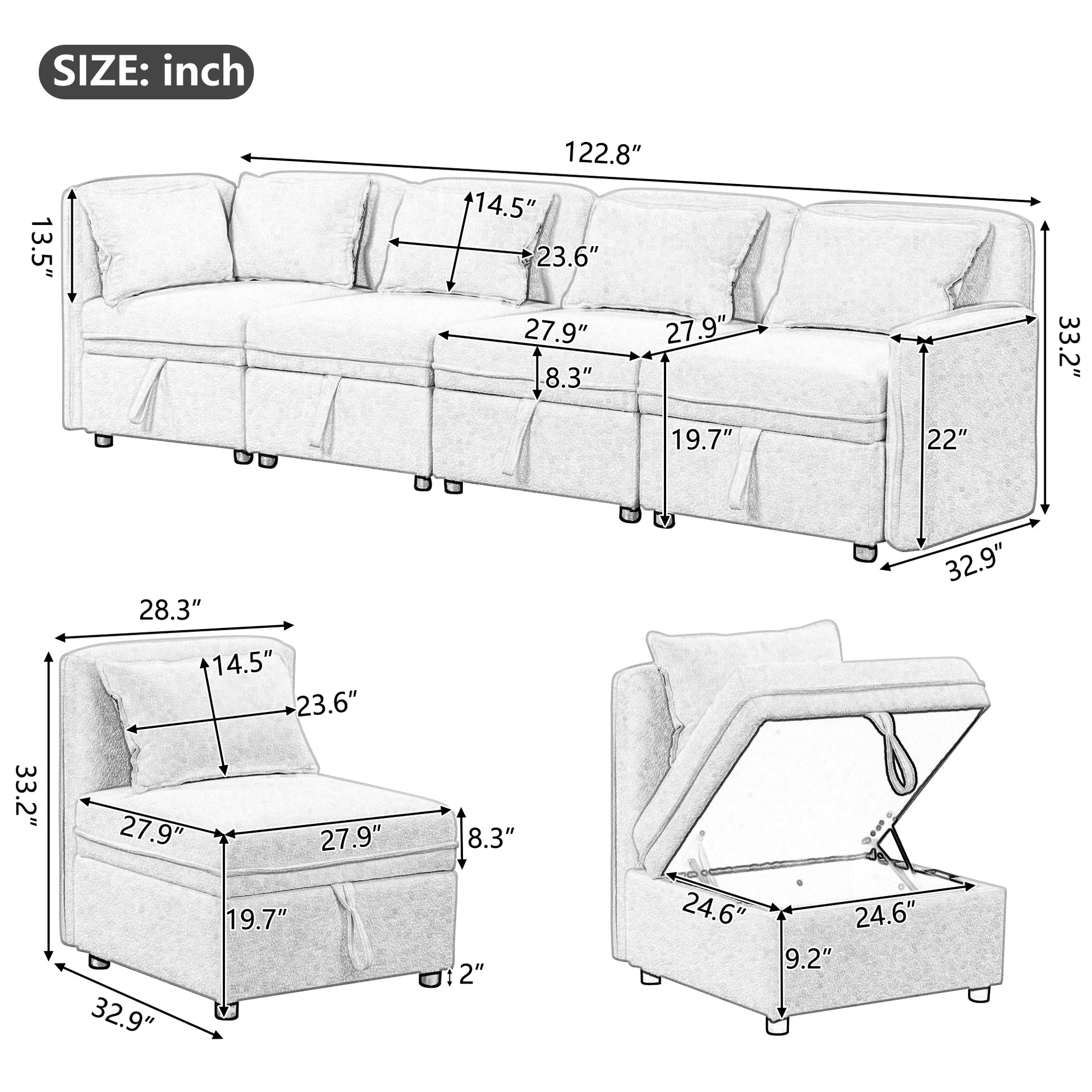 122.8" Convertible Modular Minimalist Sofa Free Combination 4 Seater Sofa Chenille Fabric Sectional sofa with 5 Pillows for Living Room, Office, Apartment, Small Space, Gray House to Home Furnishings LLC