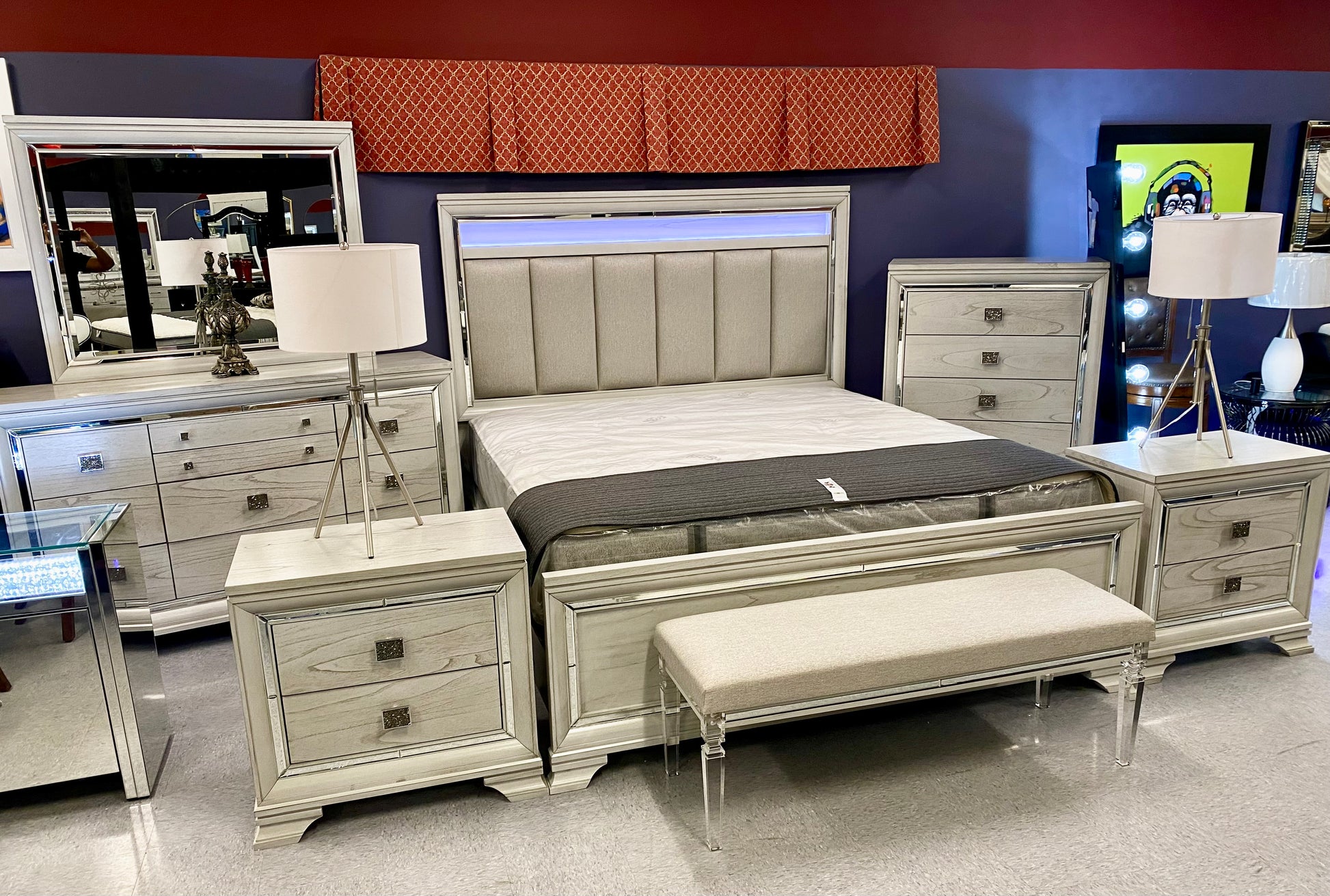 Santino 6pc Vail Dove Grey “LED”Bedroom Collection with Beveled Mirrored Accents House to Home Furnishings LLC