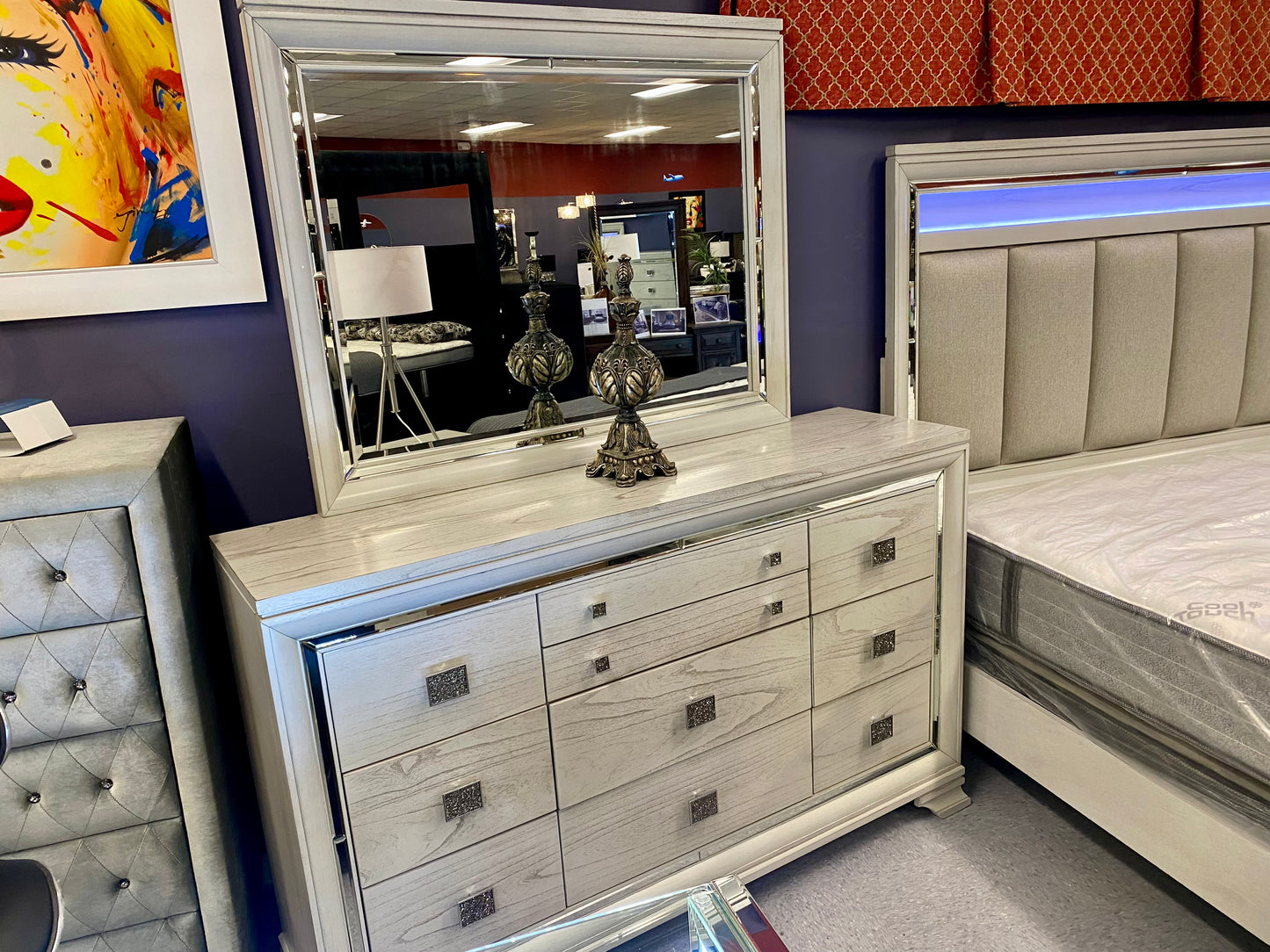 Santino 6pc Vail Dove Grey “LED”Bedroom Collection with Beveled Mirrored Accents House to Home Furnishings LLC