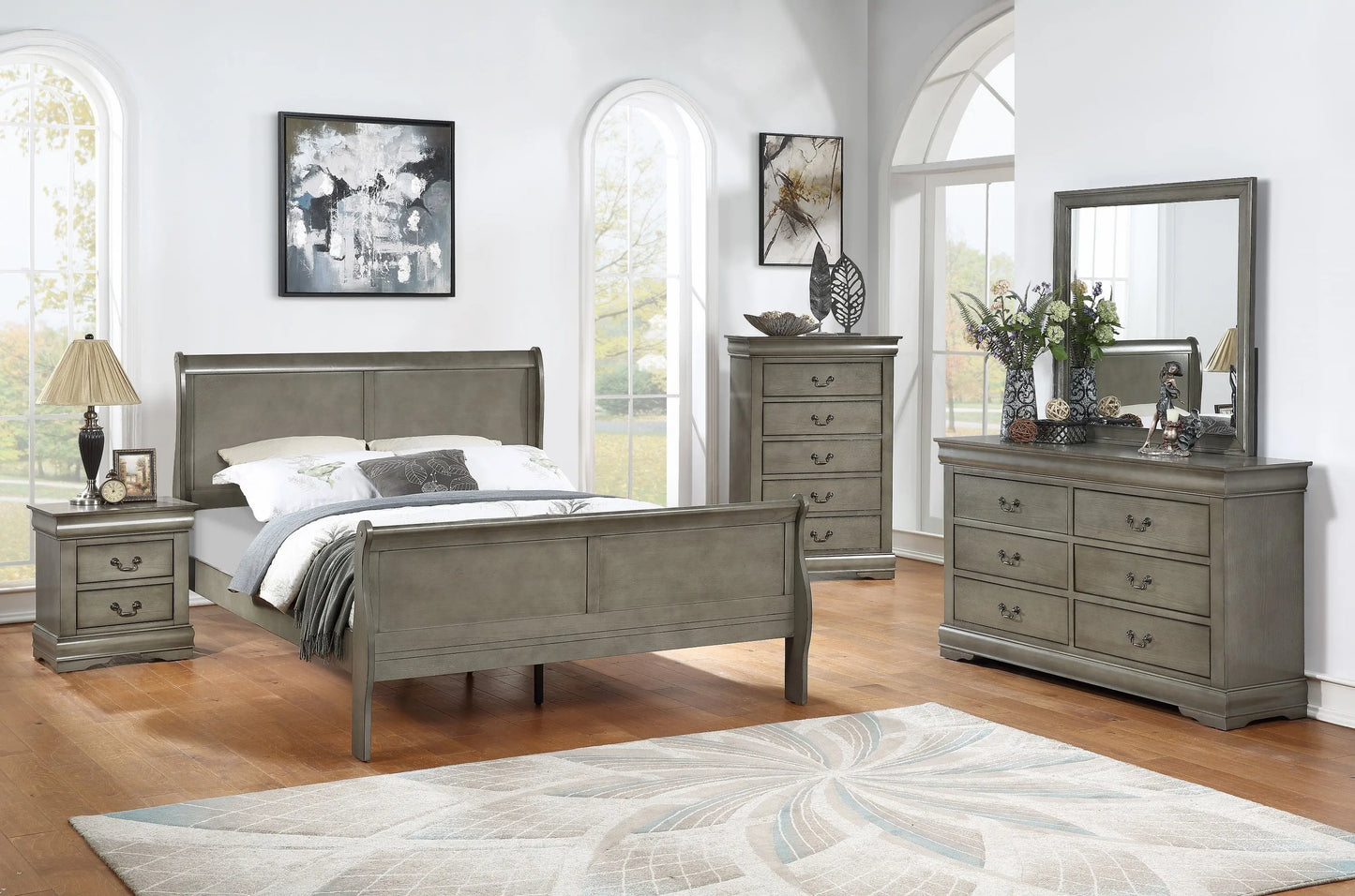 Louis Philip Gray Queen Sleigh Bed Crown Mark