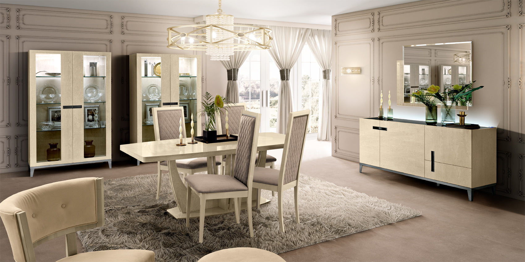 ESF Furniture - Elite Ivory with Ambra 5 Piece Dining Room Set w-1ext - ELITE2DRBUFFETIVORY-5SET ESF Furniture