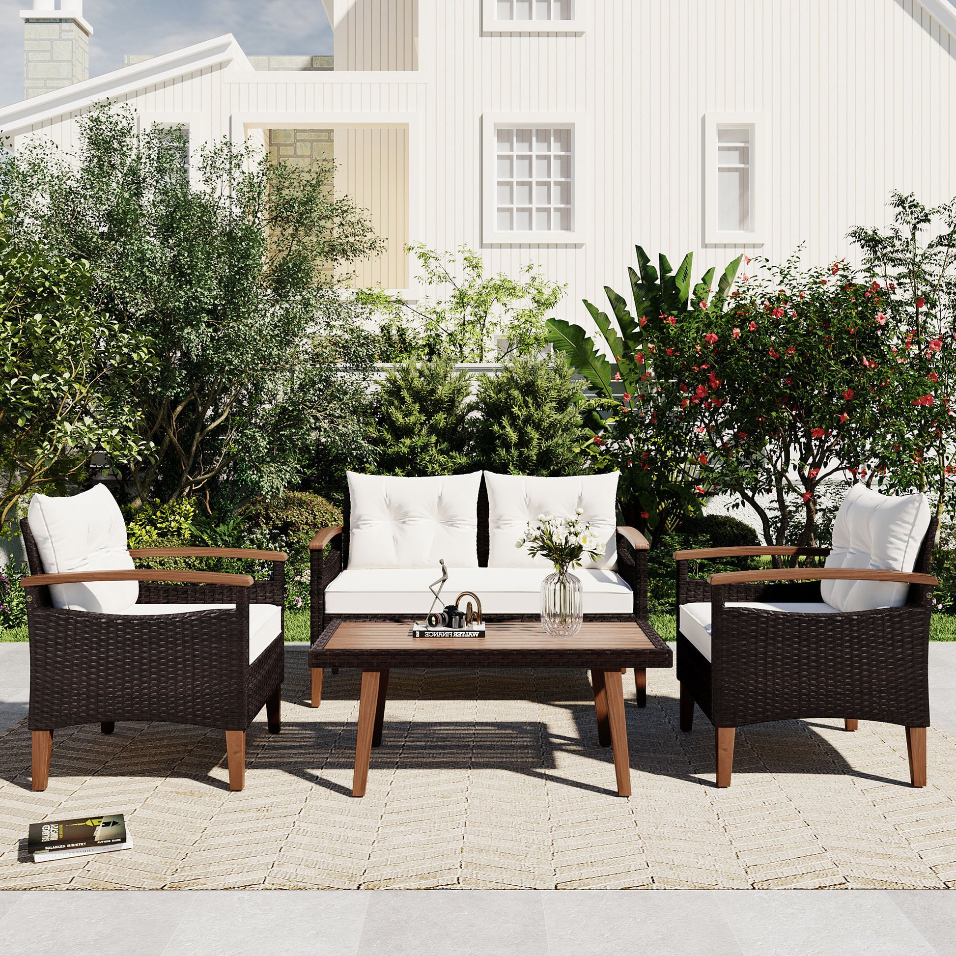 GO 4-Piece Garden Furniture,  Patio Seating Set, PE Rattan Outdoor Sofa Set, Wood Table and Legs, Brown and Beige House to Home Furnishings LLC