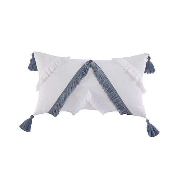 Cotton Oblong Pillow with tassels Off White/Blue Olliix.com