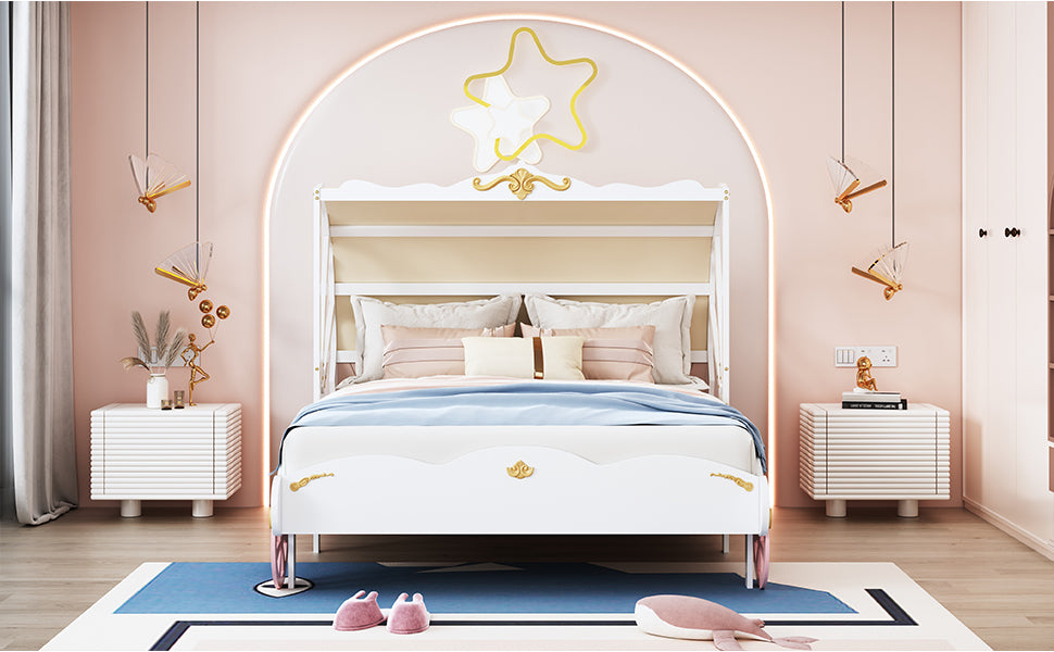 Full Size Princess Carriage Bed with Canopy, Wood Platform Car Bed with 3D Carving Pattern, White+Pink+Gold House to Home Furnishings LLC