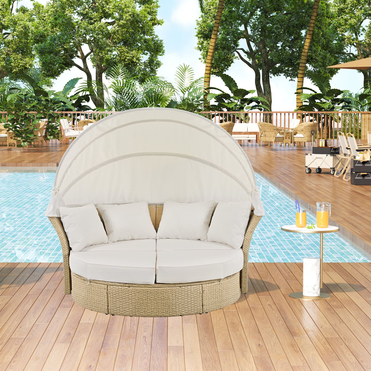 Outdoor Patio Daybed Wicker Rattan Double Daybed Round Sofa Furniture Set with Retractable Canopy, 4 Pillows for Lawn Garden Backyard Porch Pool, Beige House to Home Furnishings LLC