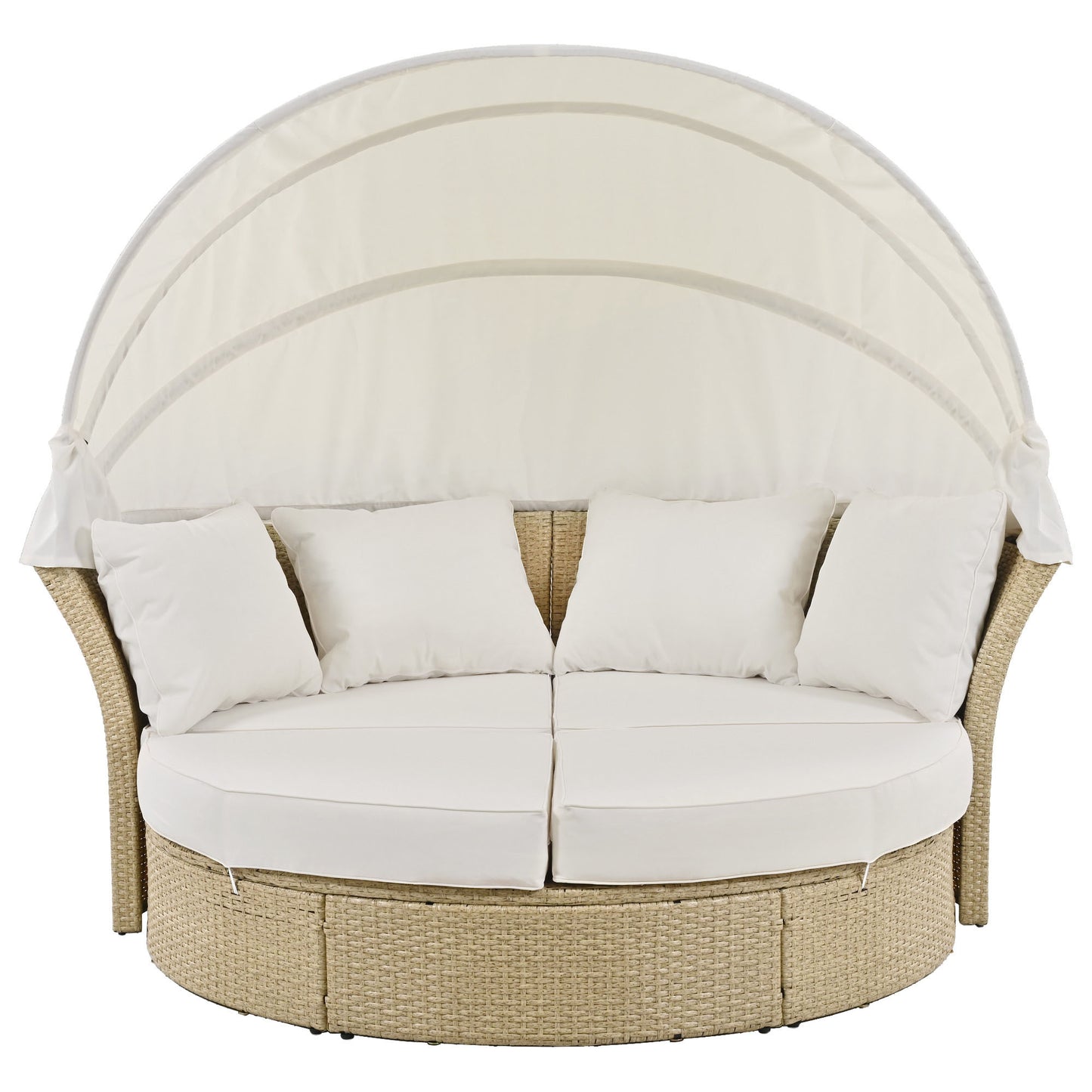 Outdoor Patio Daybed Wicker Rattan Double Daybed Round Sofa Furniture Set with Retractable Canopy, 4 Pillows for Lawn Garden Backyard Porch Pool, Beige House to Home Furnishings LLC