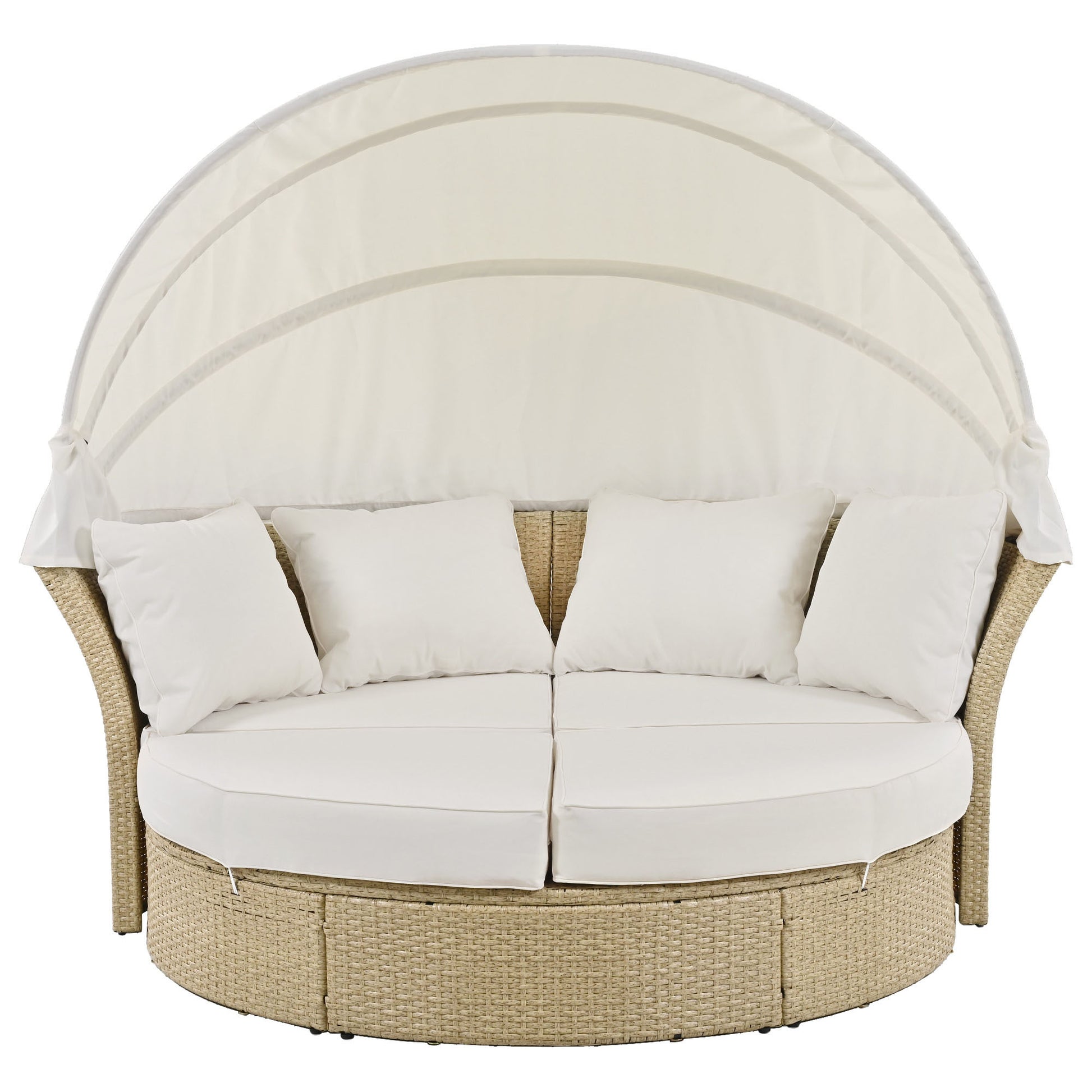 Outdoor Patio Daybed Wicker Rattan Double Daybed Round Sofa Furniture Set with Retractable Canopy, 4 Pillows for Lawn Garden Backyard Porch Pool, Beige House to Home Furnishings LLC