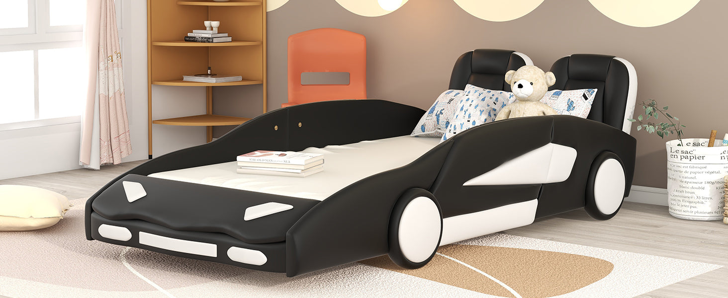 Twin Size Race Car-Shaped Platform Bed with Wheels, Black House to Home Furnishings LLC