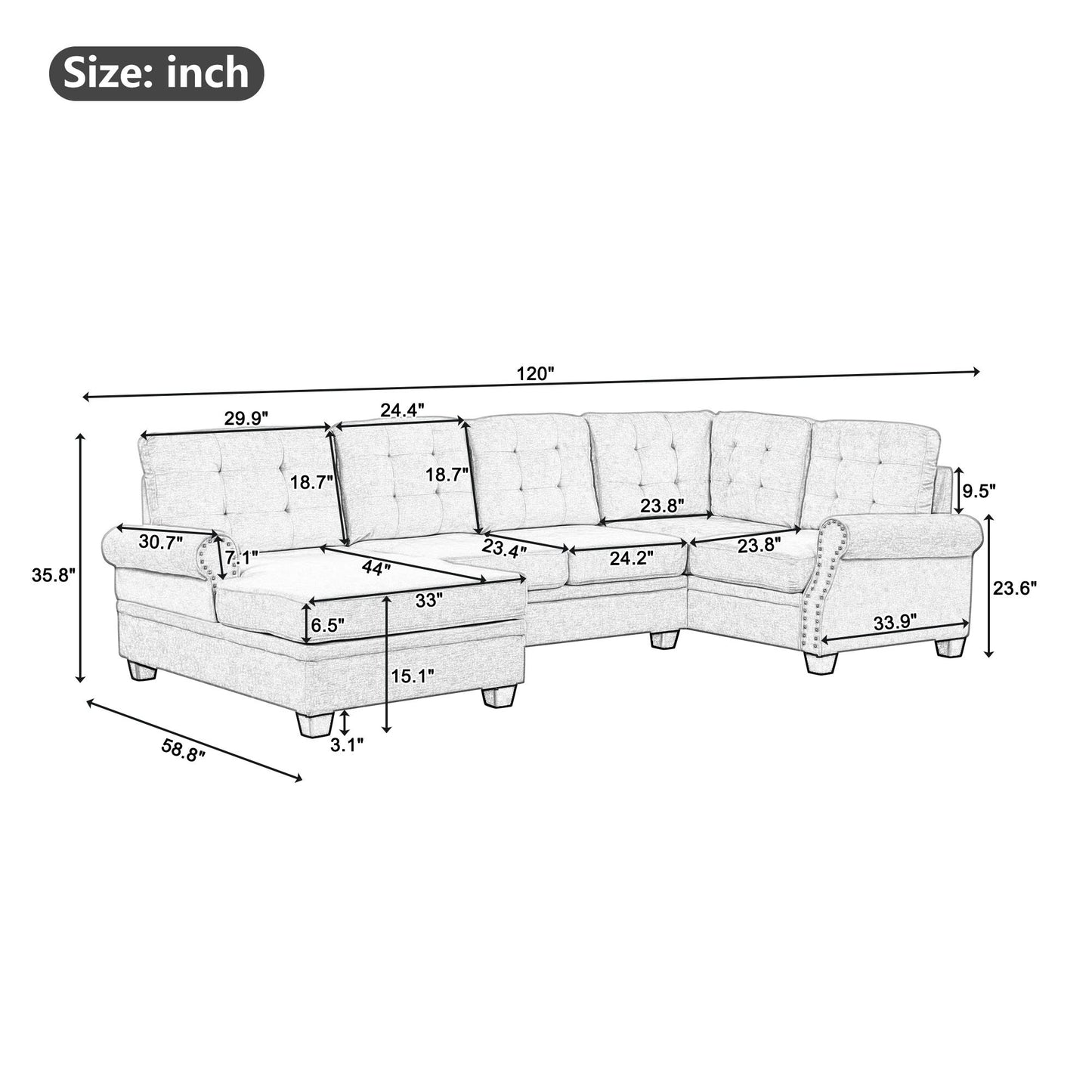 120" Modern U-Shaped Corner Sectional Sofa Upholstered Linen Fabric Sofa Couch for Living Room, Bedroom, Gray House to Home Furnishings LLC