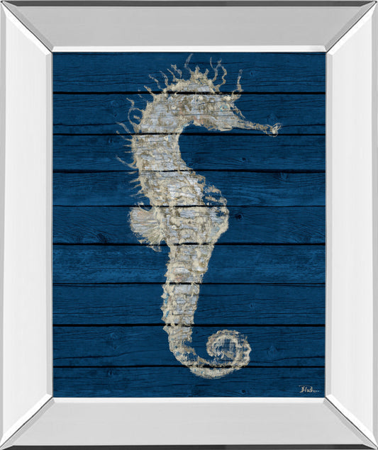 Antique Seahorse On Blue I By Patricia Pinto - Mirror Framed Print Wall Art - Blue Classy Art