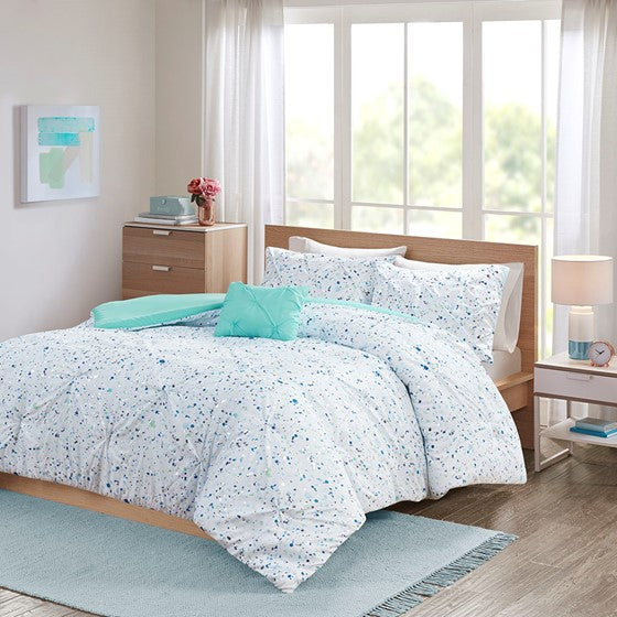 Metallic Printed and Pintucked Duvet Cover Set Aqua blue Twin XL Olliix.com