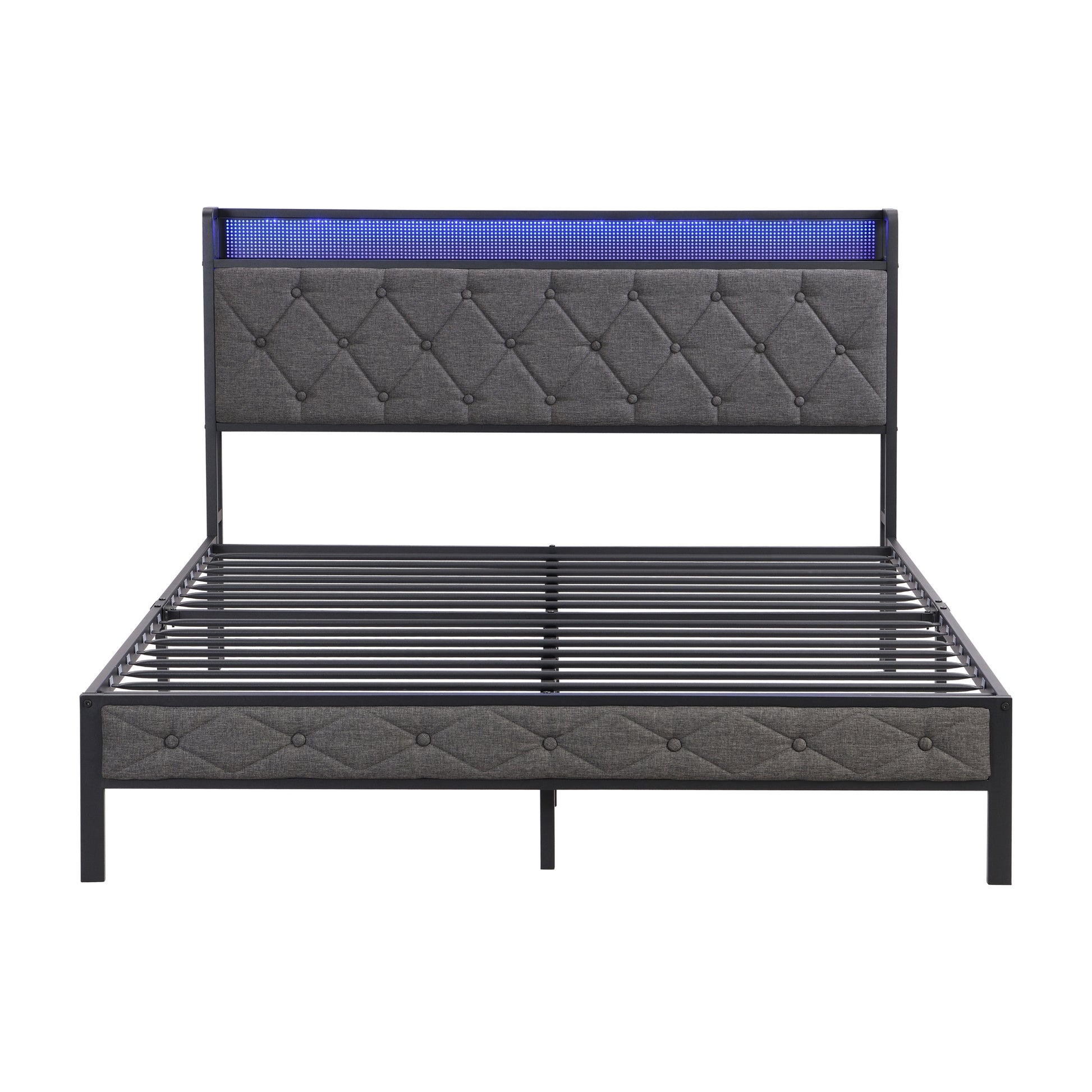 Full Bed Frame with  Storage Headboard, Charging Station and LED Lights, Upholstered Platform Bed with Heavy Metal Slats, No Box Spring Needed, Noise Free, Easy Assembly, Dark Gray House to Home Furnishings LLC