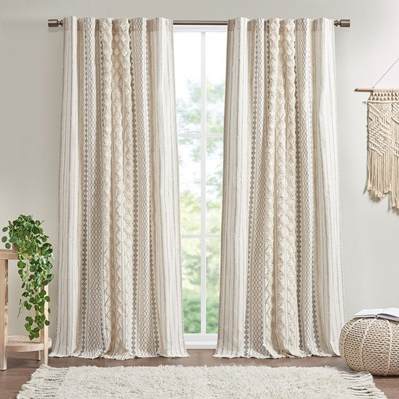 Cotton Printed Curtain Panel with Chenille Stripe and Lining Ivory Olliix.com