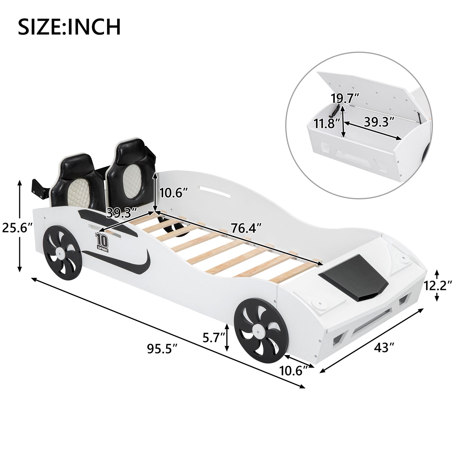 Twin Size Race Car-Shaped Platform Bed with Upholstered Backrest and Storage, White House to Home Furnishings LLC