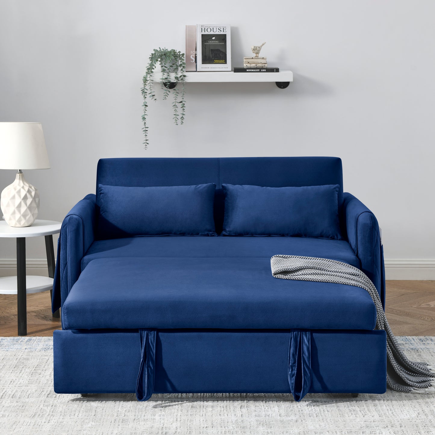 55" Modern Convertible Sofa Bed with 2 Detachable Arm Pockets, Velvet Loveseat Sofa with Pull Out Bed, 2 Pillows and Living Room Adjustable Backrest, Grid Design Armrests ***(FREE SHIPPING)*** House to Home Furnishings LLC