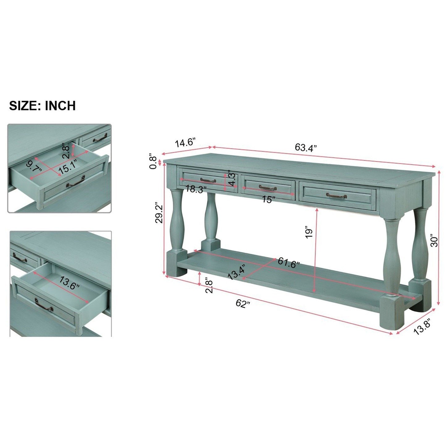 63inch Long Wood Console Table with 3 Drawers and 1 Bottom Shelf for Entryway Hallway Easy Assembly Extra-thick Sofa Table ( Retro Blue) House to Home Furnishings LLC