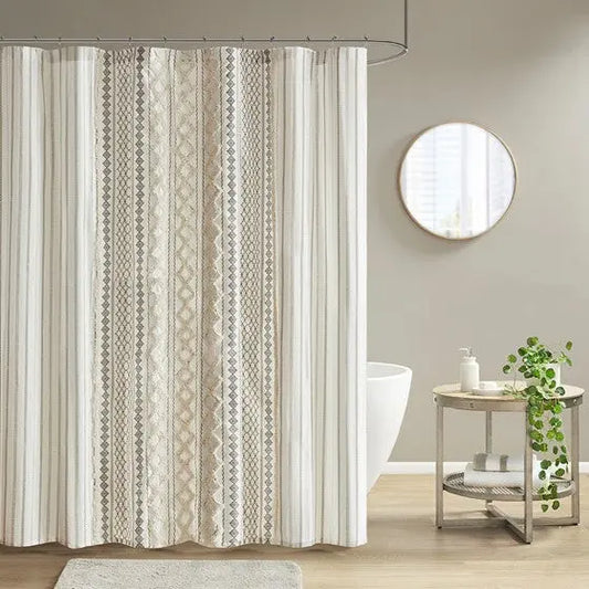Cotton Printed Shower Curtain with Chenille Ivory Olliix.com