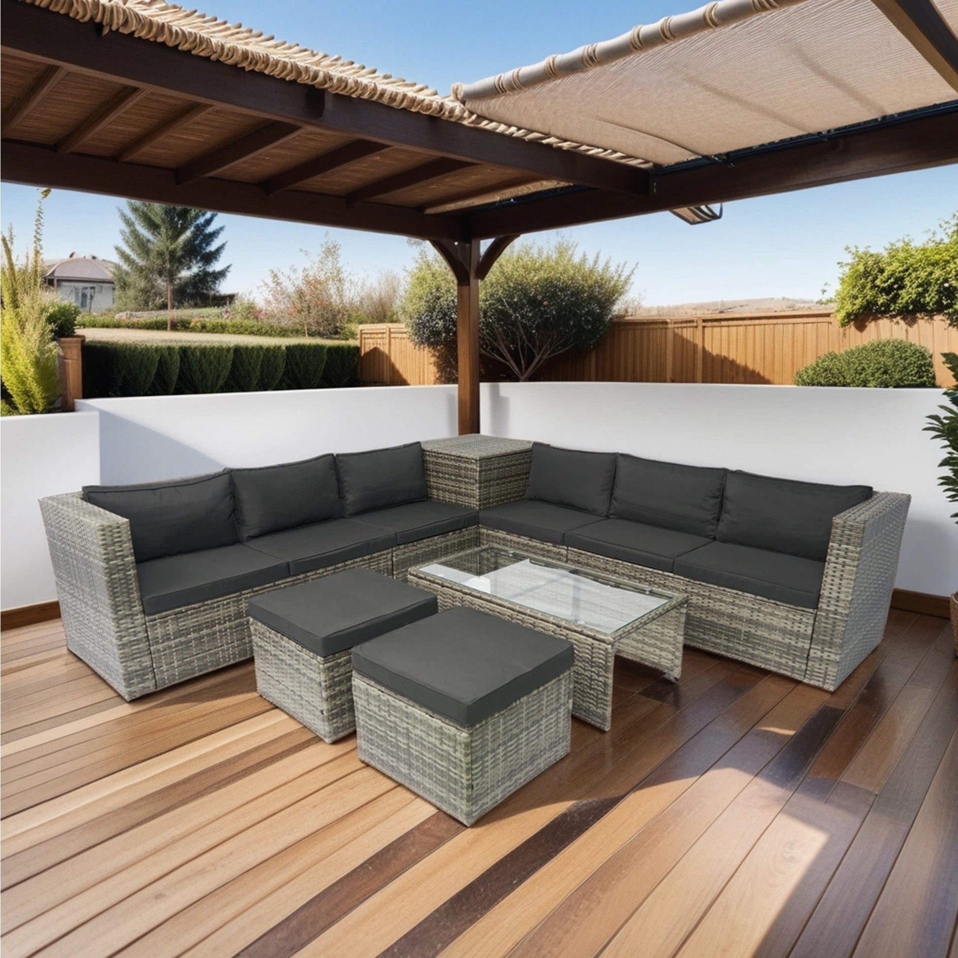 8 Piece Patio Outdoor Sectional Wicker Rattan Outdoor Furniture Sofa Set with One Storage Box Under Seat and Cushion Box Grey wicker + Black Cushion + Clear Glass Top House to Home Furnishings LLC