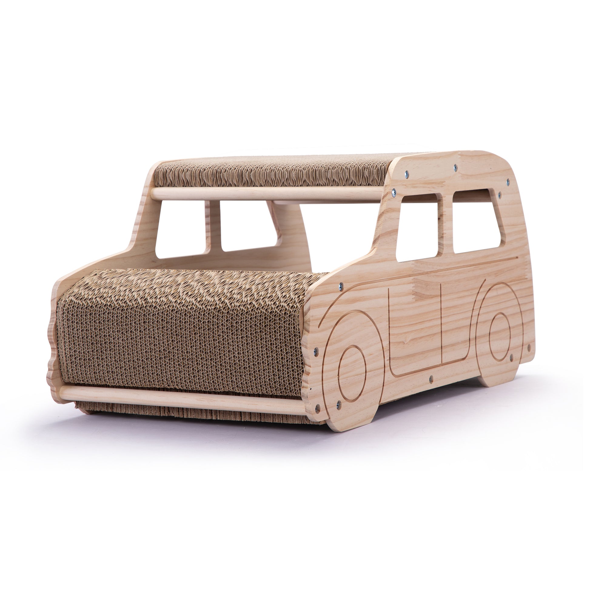 2-in-1 Wood Corrugate Cat Scratcher, Cardboard Cat House, Reversible Car-Shaped Scratch Furniture Protector House to Home Furnishings LLC