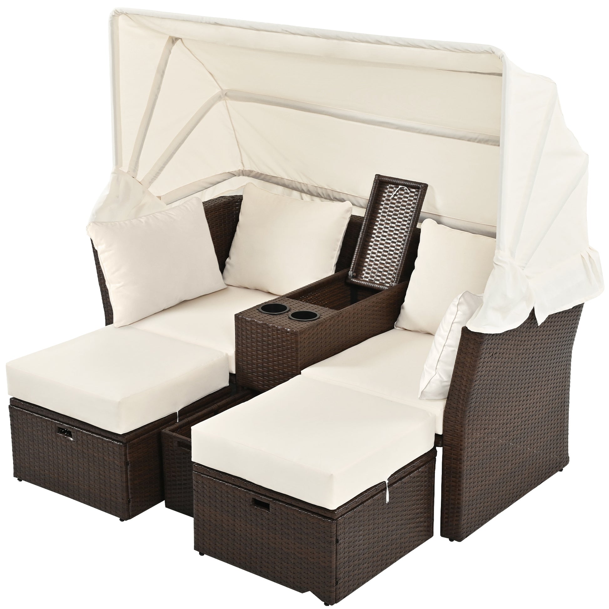 2-Seater Outdoor Patio Daybed Outdoor Double Daybed Outdoor Loveseat Sofa Set with Foldable Awning and Cushions for Garden, Balcony, Poolside, Beige ***(FREE SHIPPING)*** House to Home Furnishings LLC