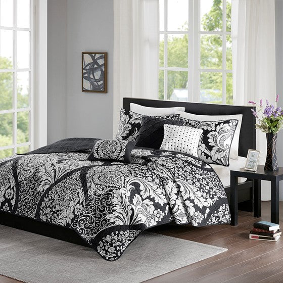 6 Piece Printed Cotton Quilt Set with Throw Pillows Black Full/Queen Olliix.com