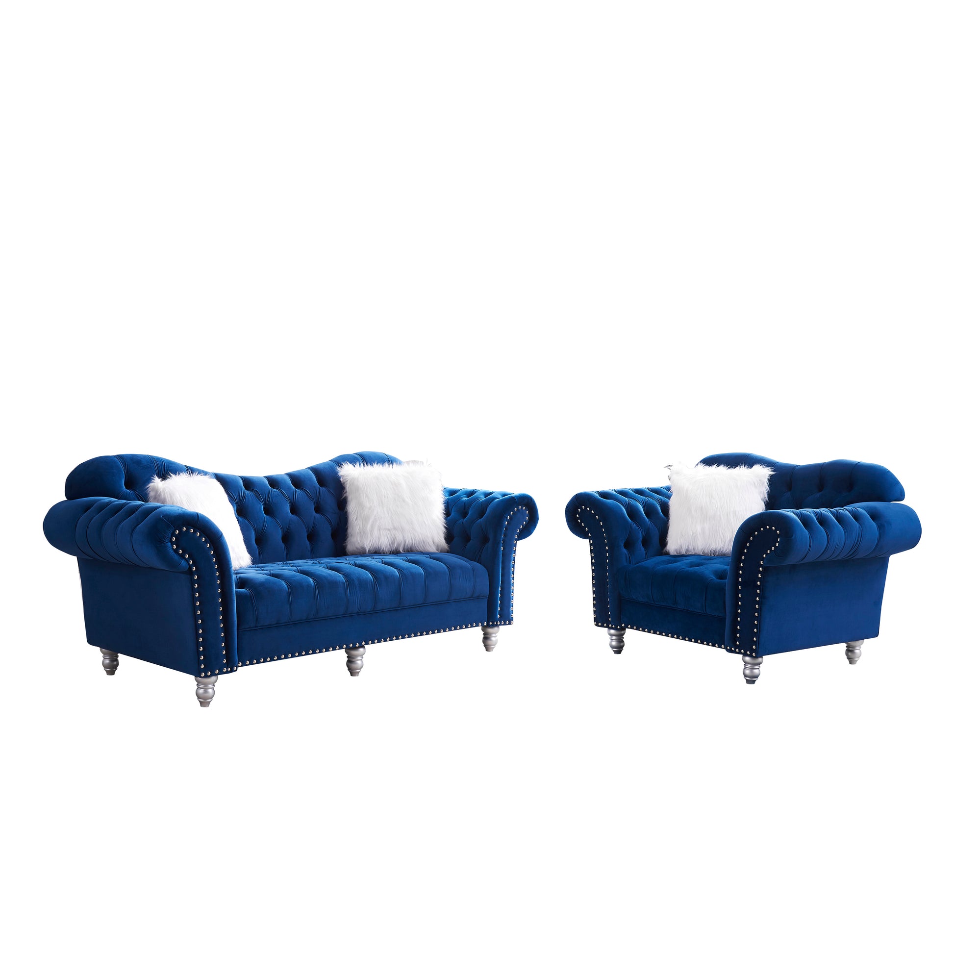 3 Piece Living Room Sofa Set, including 3-Seater Sofa, Loveseat and Sofa Chair, with Button and Copper Nail on Arms and Back, Five White Villose Pillow, Blue. House to Home Furnishings LLC