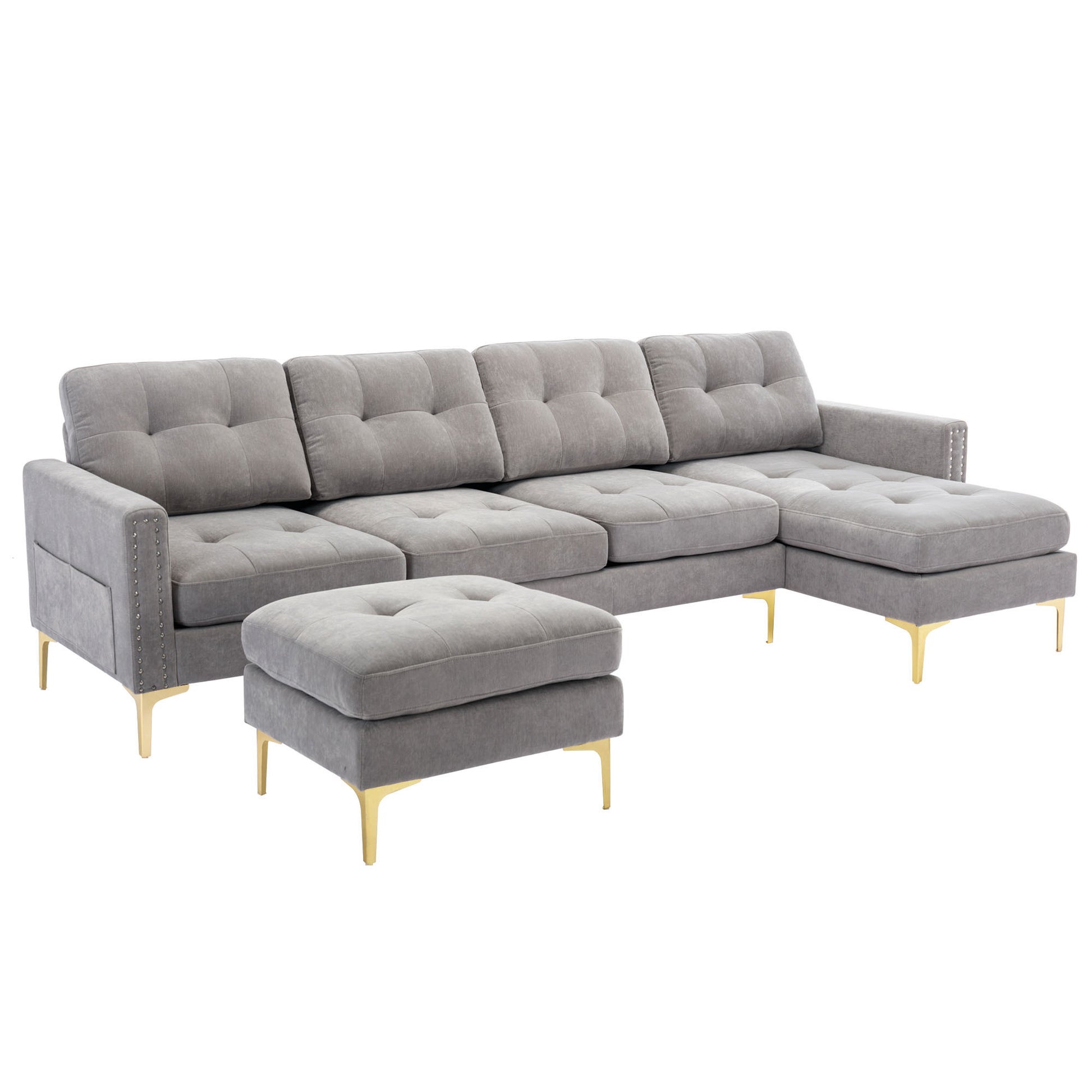 110" L-Shape Convertible Sectional Sofa Couch with Movable Ottoman for Living Room, Apartment, Office, Light Grey House to Home Furnishings LLC