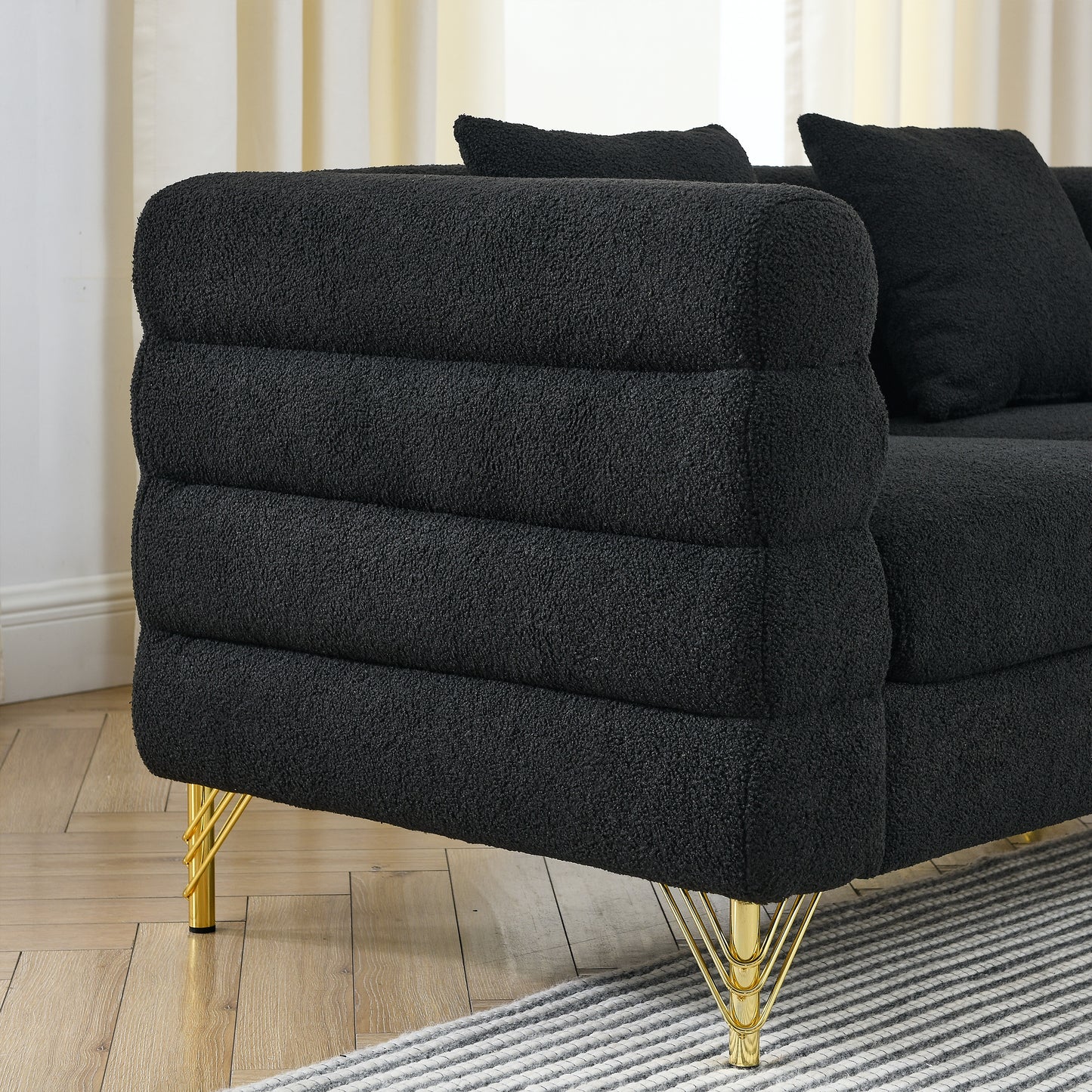 60 Inch Oversized 2 Seater Sectional Sofa, Living Room Comfort Fabric Sectional Sofa - Deep Seating Sectional Sofa, Soft Sitting with 2 Pillows for Living Room, Bedroom, Office, etc., Black teddy House to Home Furnishings LLC