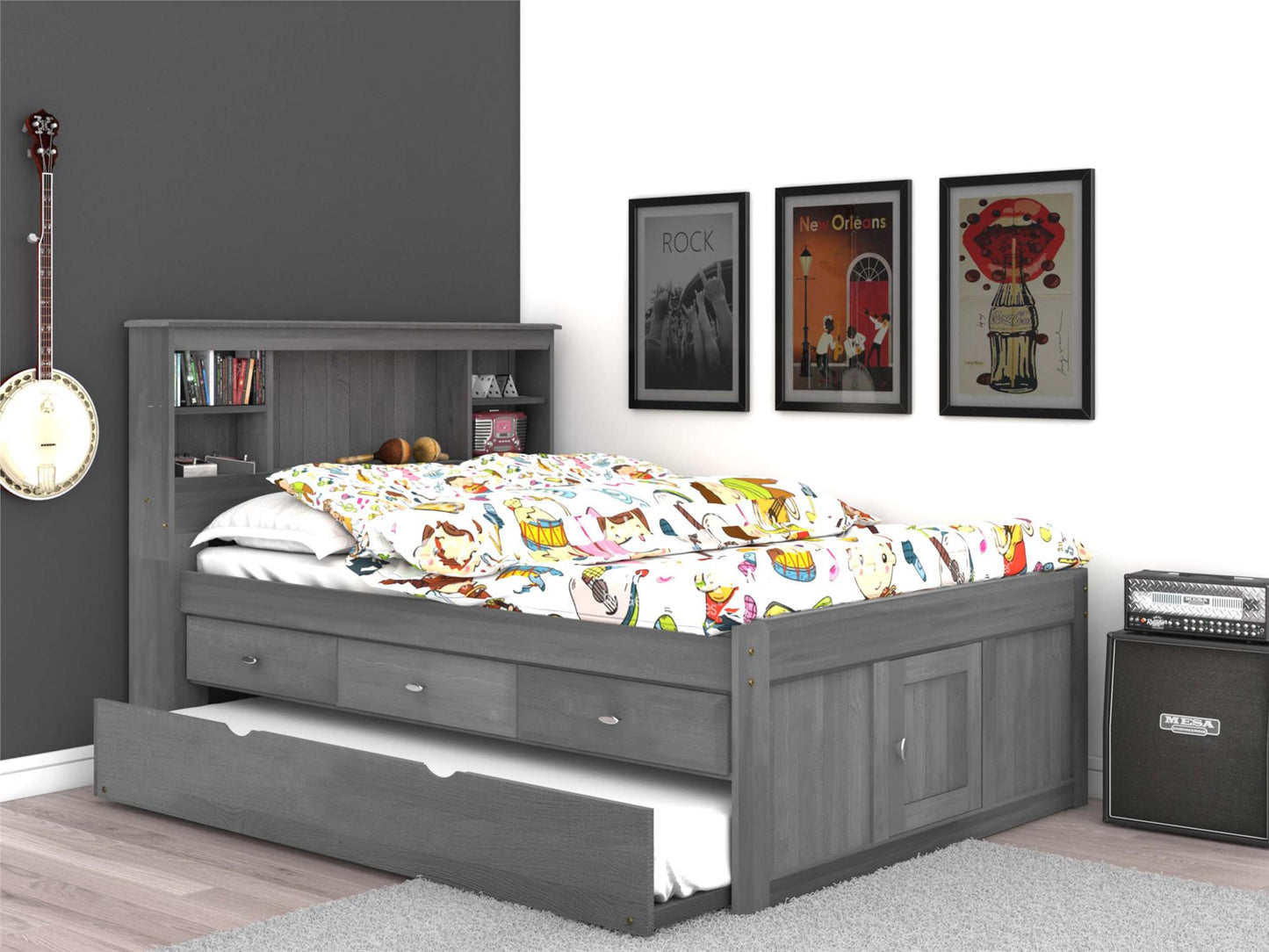 The Savannah Full Bookcase Bed with 3 Drawers and Trundle DiscoveryWorld