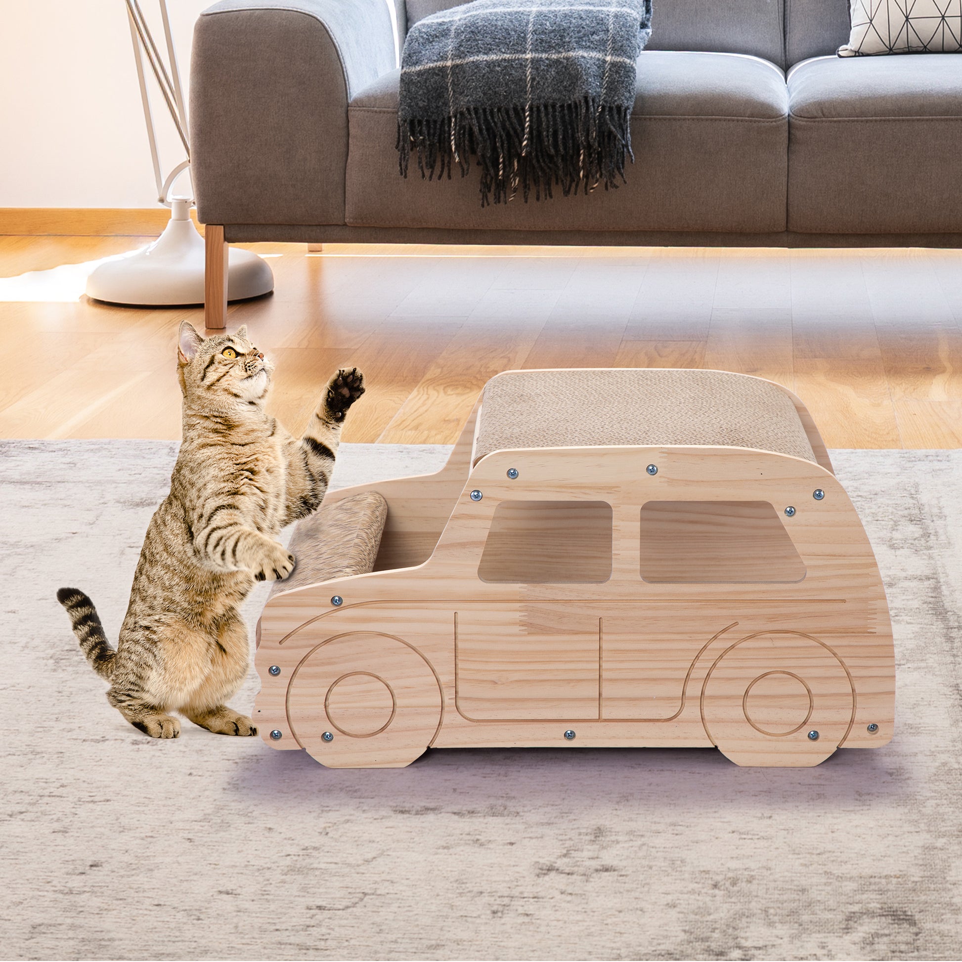 2-in-1 Wood Corrugate Cat Scratcher, Cardboard Cat House, Reversible Car-Shaped Scratch Furniture Protector House to Home Furnishings LLC