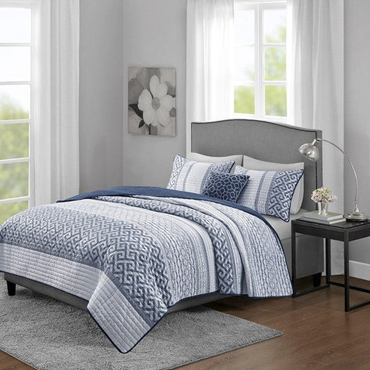 4 Piece Jacquard Quilt Set with Throw Pillow Navy Full/Queen Olliix.com