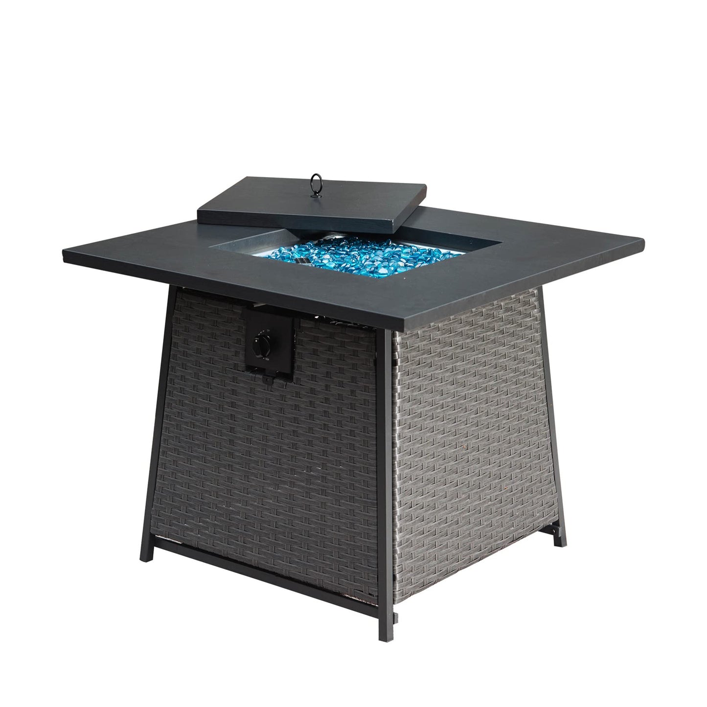 32 Inch Propane Fire Pits Table with Blue Glass Ball,50,000 BTU Outdoor Wicker Fire Table with ETL-Certified,2-in-1 Square Steel Gas Firepits (Dark Gray) House to Home Furnishings LLC