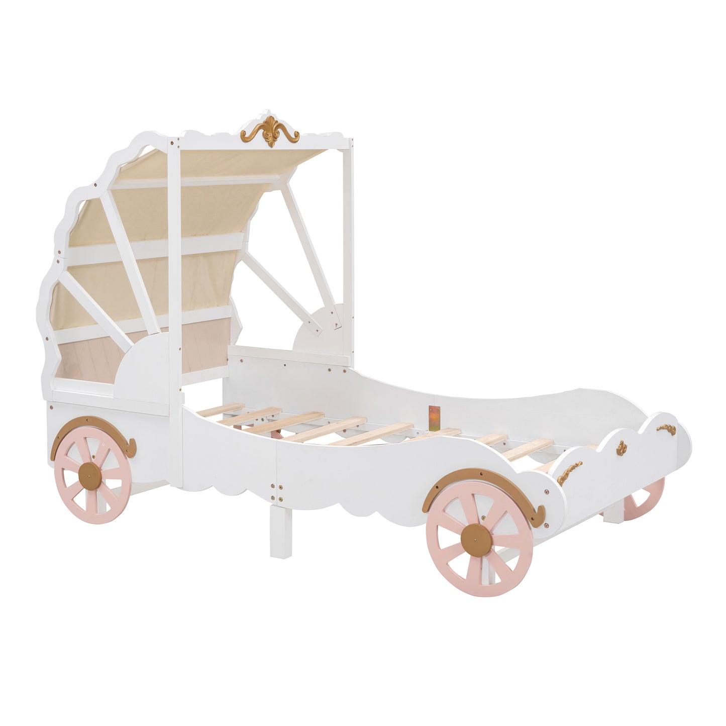 Twin Size Princess Carriage Bed with Canopy, Wood Platform Car Bed with 3D Carving Pattern, White+Pink+Gold House to Home Furnishings LLC