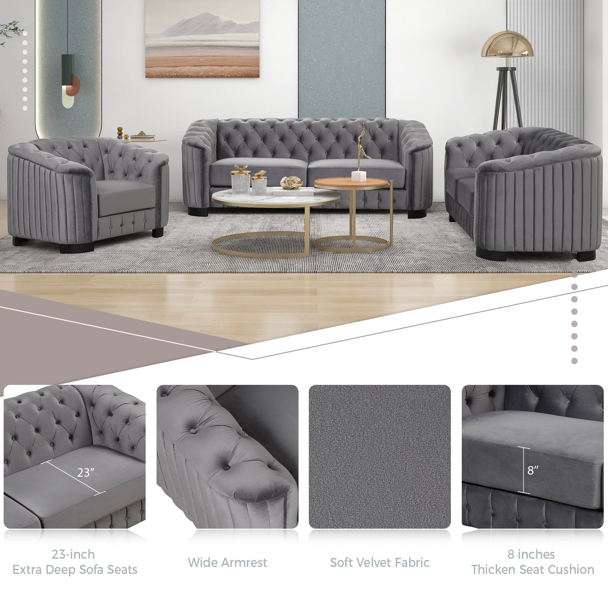 41.5" Velvet Tufted Upholstered Accent Sofa,Modern Single Sofa Chair with Thick Removable Seat Cushion,Modern Single Couch for Living Room,Bedroom,or Small Space,Gray House to Home Furnishings LLC