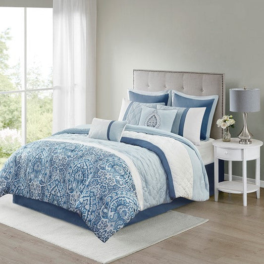 8 Piece Comforter Set Blue Queen Olliix.com