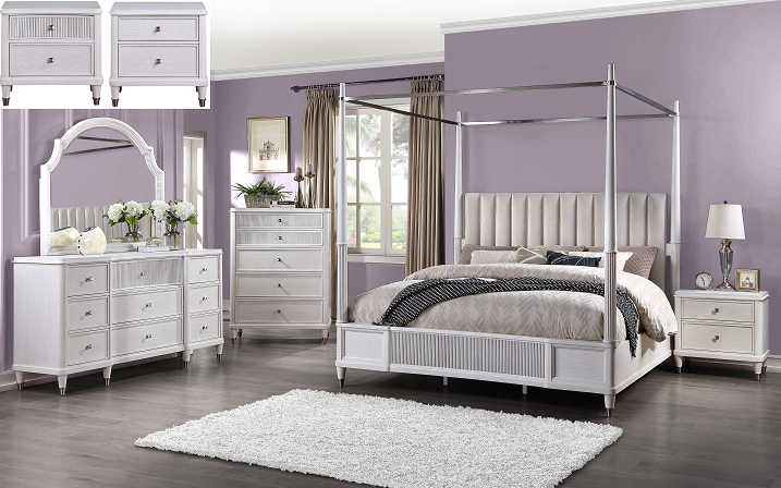 Celestia Fabric & Off White Eastern King Bed (Canopy) ACME East