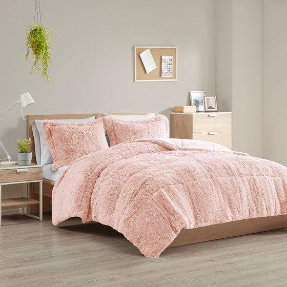 Shaggy Long Fur Comforter Mini Set Blush Cal King Olliix.com