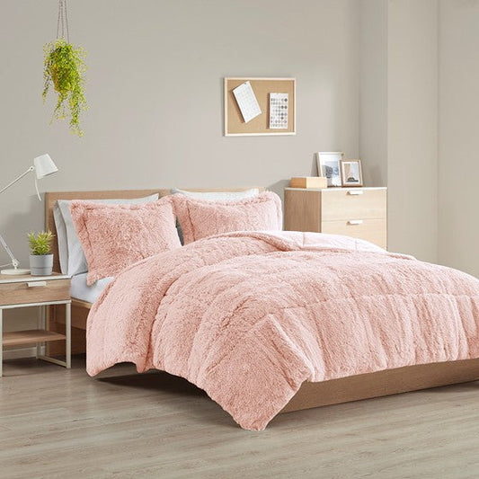 Shaggy Long Fur Comforter Mini Set Blush Twin XL Olliix.com