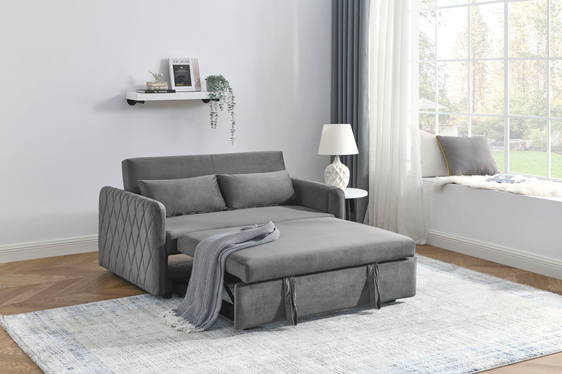 55" Modern Convertible Sofa Bed with 2 Detachable Arm Pockets, Velvet Loveseat Sofa with Pull Out Bed, 2 Pillows and Living Room Adjustable Backrest, Grid Design Armrests House to Home Furnishings LLC