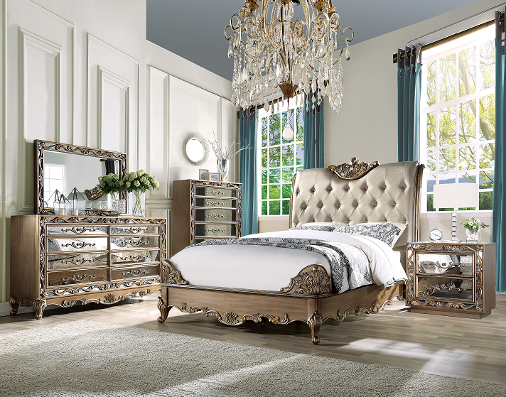 Orianne Champagne PU & Antique Gold California King Bed ACME East