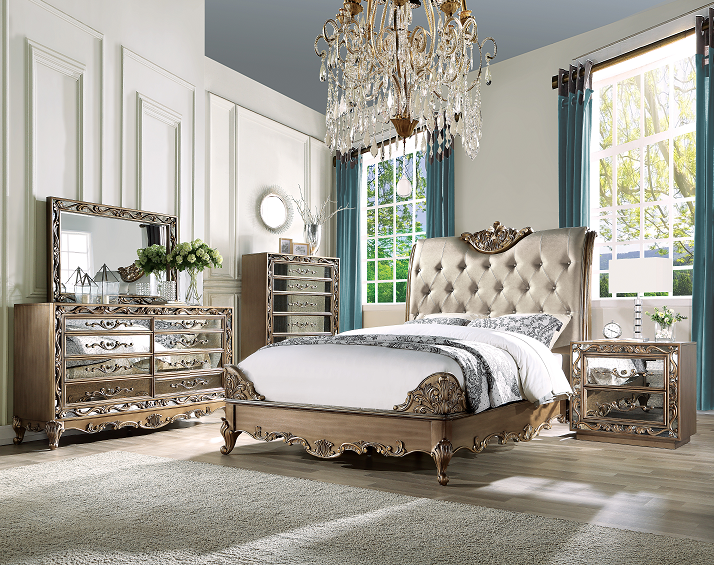 Orianne Champagne PU & Antique Gold Queen Bed ACME East