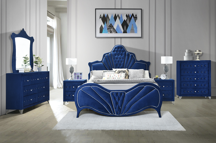 Dante Blue Velvet Eastern King Bed ACME East